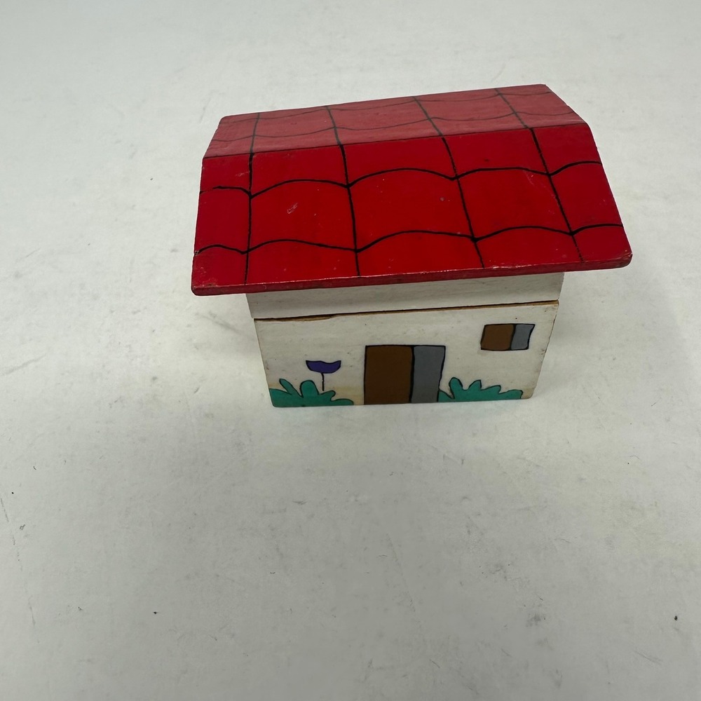 Handmade Wooden Trinket Box Small Red Cottage House Hand Painted Folk Art